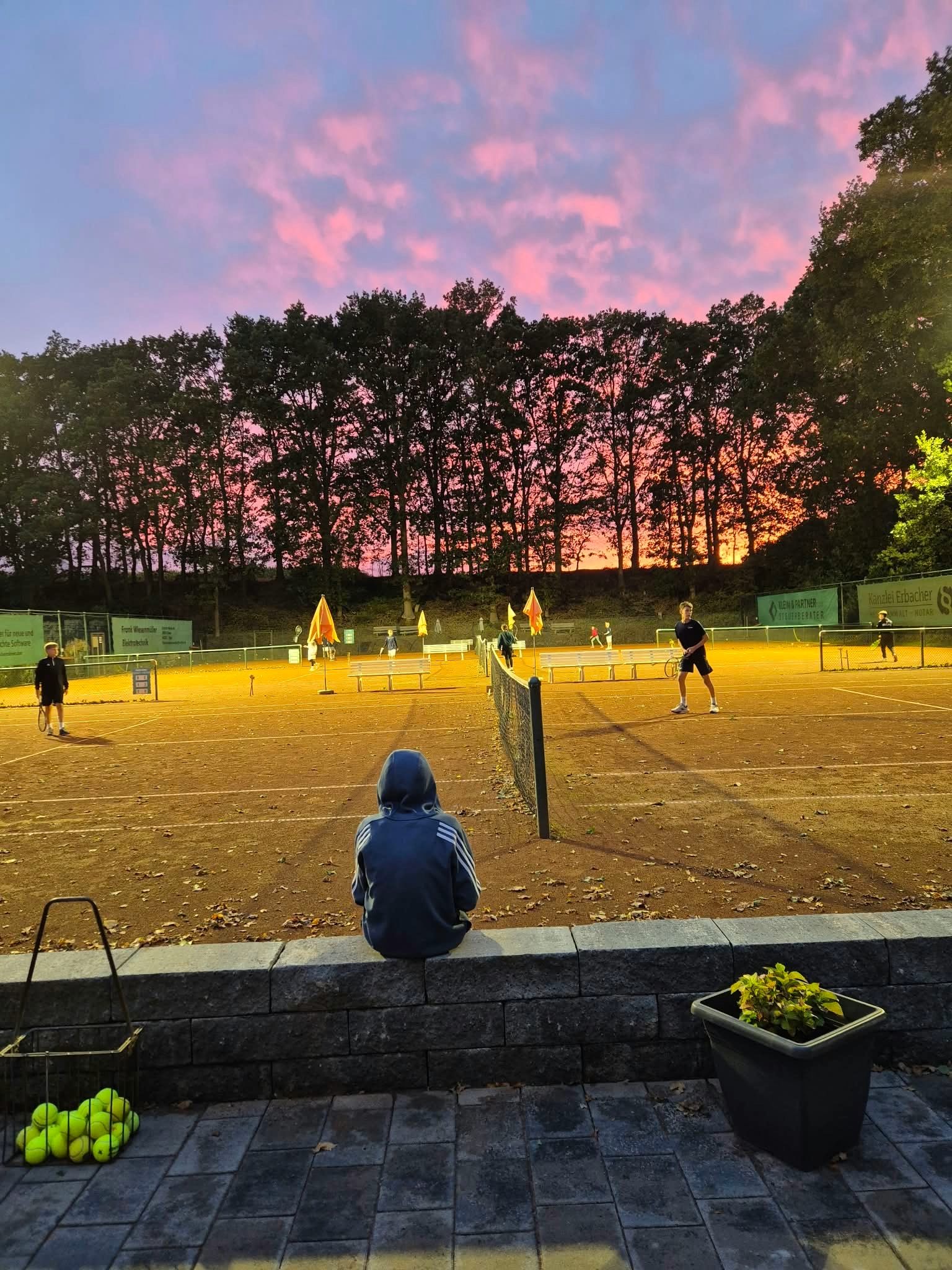 Jugend-Flutlichtabend beim Tennis-Club Oyten: Jugendliche spielen bei eingeschaltetem Flutlicht auf den Sandplätzen, während im Hintergrund ein pink-orangefarbener Sonnenuntergang hinter den Bäumen zu sehen ist.