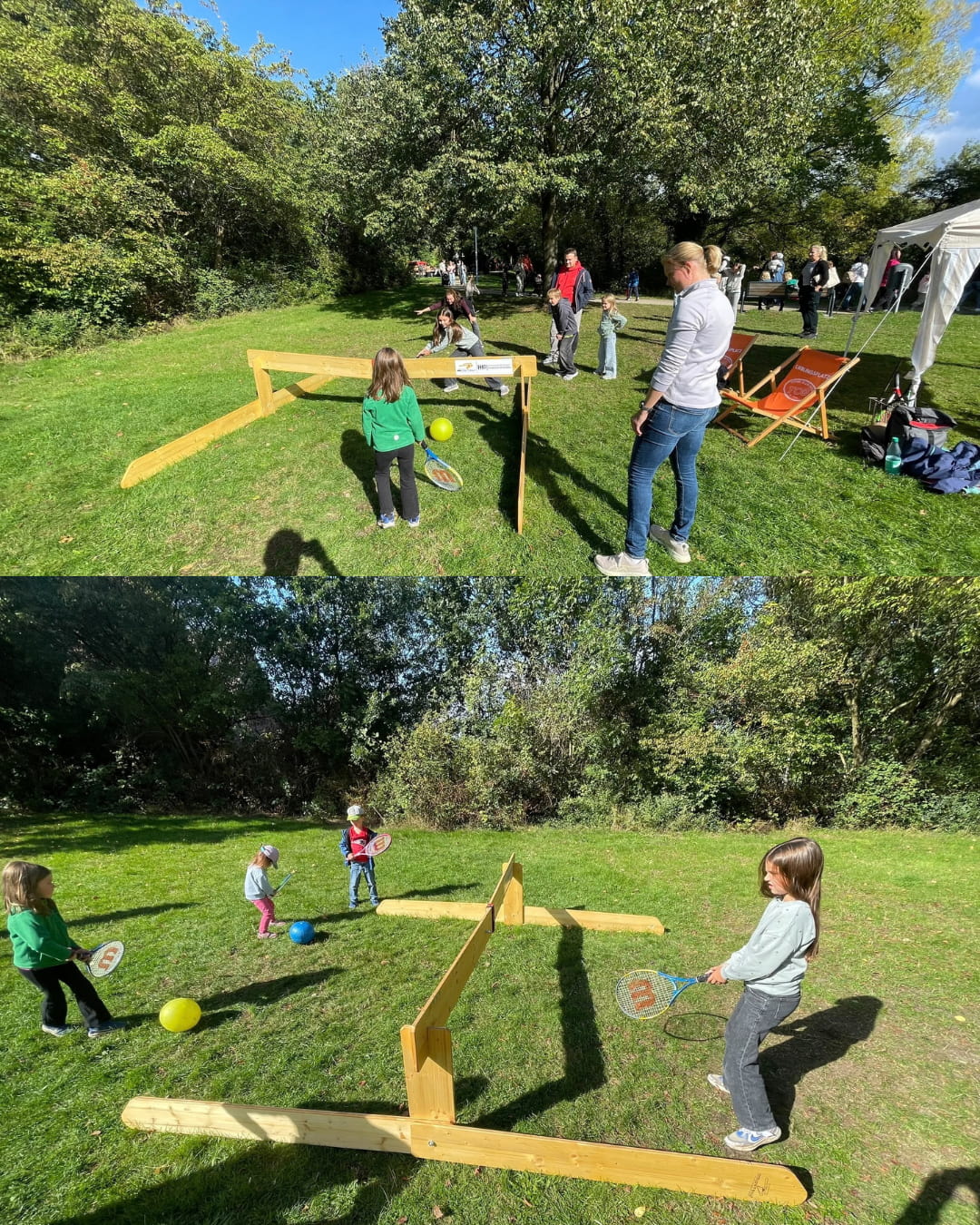 Jugend-Flutlichtabend beim Tennis-Club Oyten: Jugendliche spielen bei eingeschaltetem Flutlicht auf den Sandplätzen, während im Hintergrund ein pink-orangefarbener Sonnenuntergang hinter den Bäumen zu sehen ist.